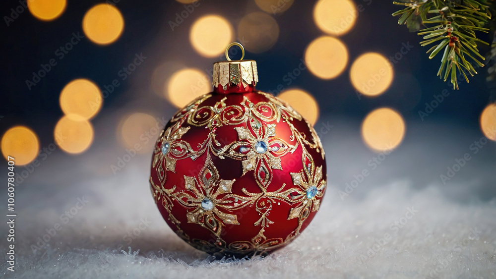 Bola roja de navidad brillante y con adornos dorados con el fondo desenfocado efecto bokeh Bola roja de navidad brillante y con adornos dorados con el fondo desenfocado efecto bokeh