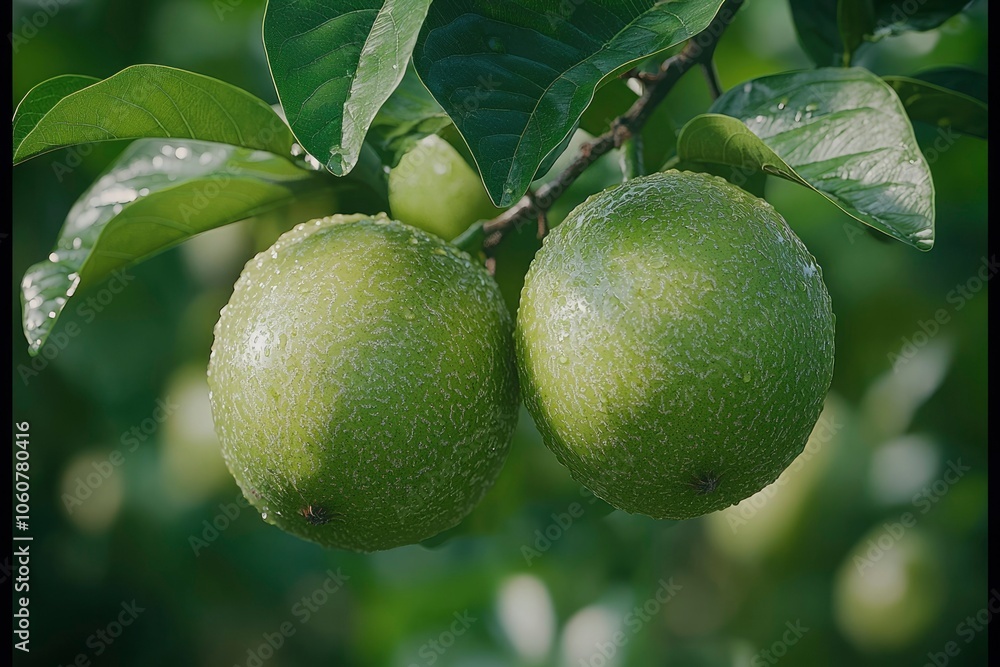 Two Green Limes Hanging on a Tree Branch with Dew Drops Two Green Limes Hanging on a Tree Branch with Dew Drops