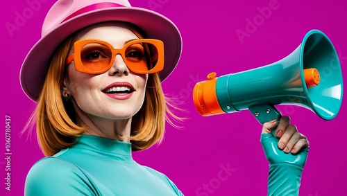 Modern Retro Woman with Colorful Megaphone