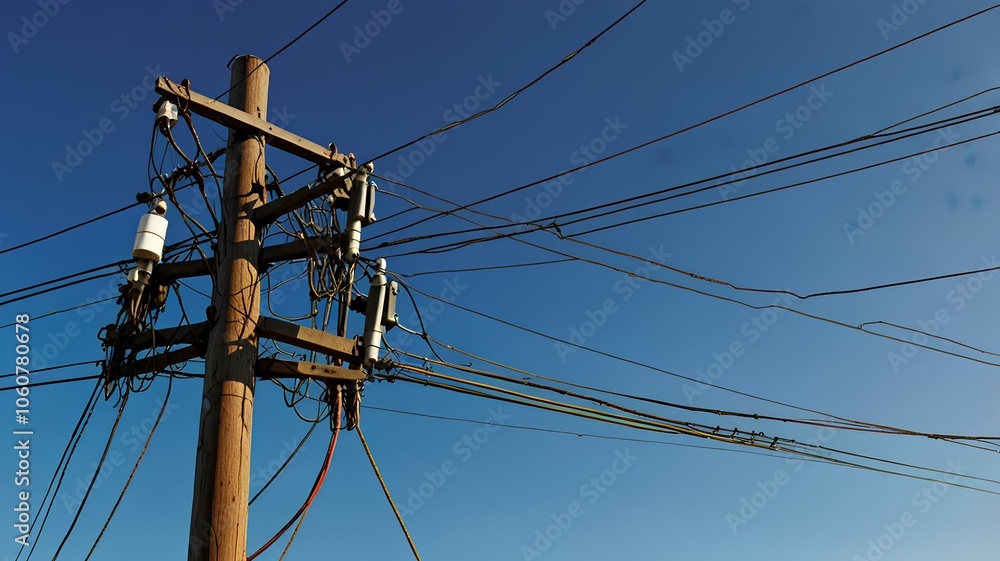 Utility pole with wire, carrying electricity and power, energy distribution through cables, set against a blue sky, with electric technology. Utility pole with wire, carrying electricity and power, energy distribution through cables, set against a blue sky, with electric technology.