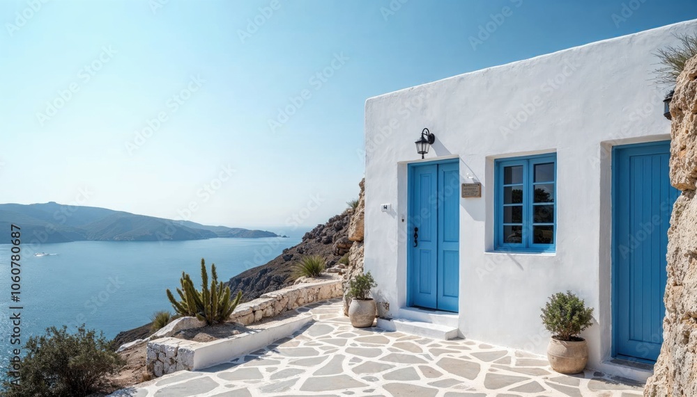 Fototapeta premium Charming white house with blue accents overlooking the serene sea.