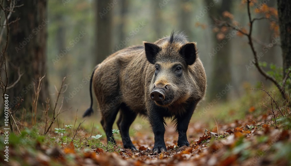 Wild boar standing in a forest with autumn leaves and trees in the background. Wild boar standing in a forest with autumn leaves and trees in the background.