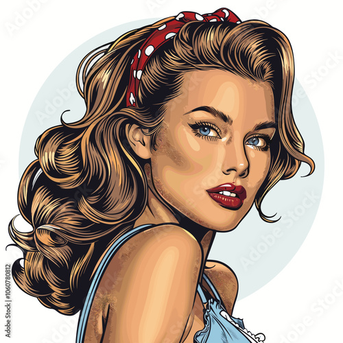 Beautiful Young Woman in Retro Style Pop Art Pin App Vector Illustration