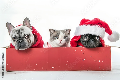 Pets in Holiday Costumes in a Festive Box on white background photo