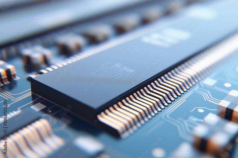 Macro of microchip with intricate circuits, focus on electronic detail Macro of microchip with intricate circuits, focus on electronic detail