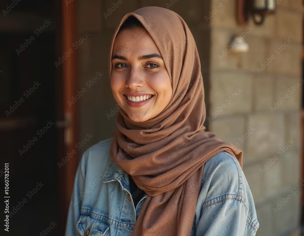 Smiling woman wearing a hijab and denim jacket, natural indoor setting. Smiling woman wearing a hijab and denim jacket, natural indoor setting.