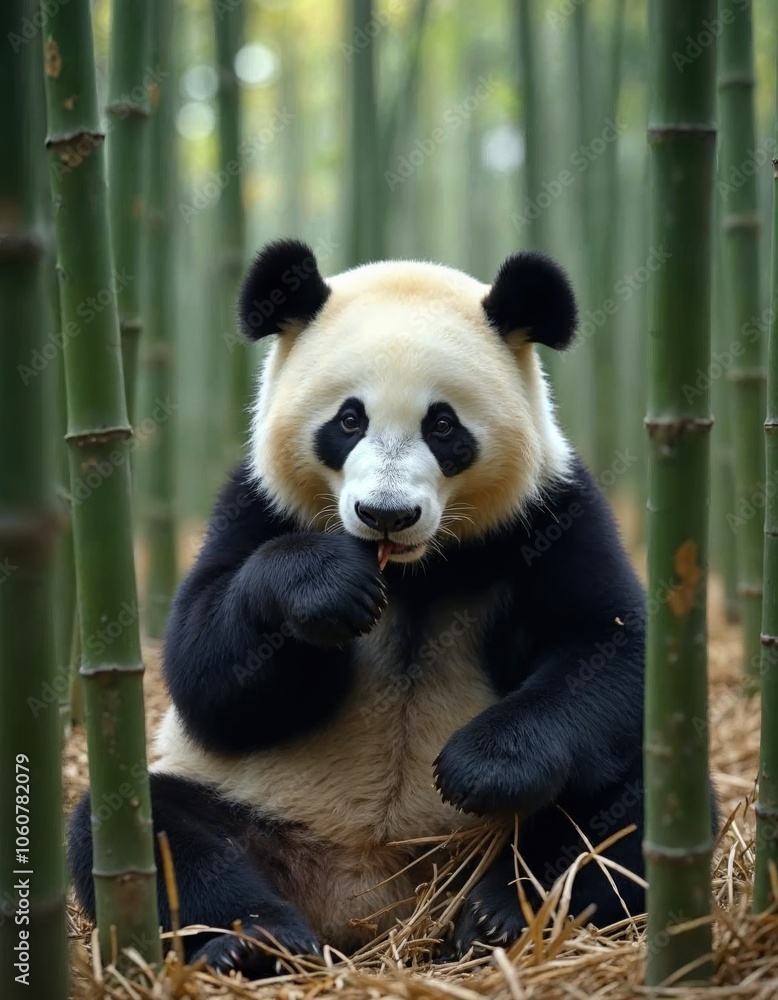 Obraz premium Giant panda sitting among bamboo, peaceful forest setting.