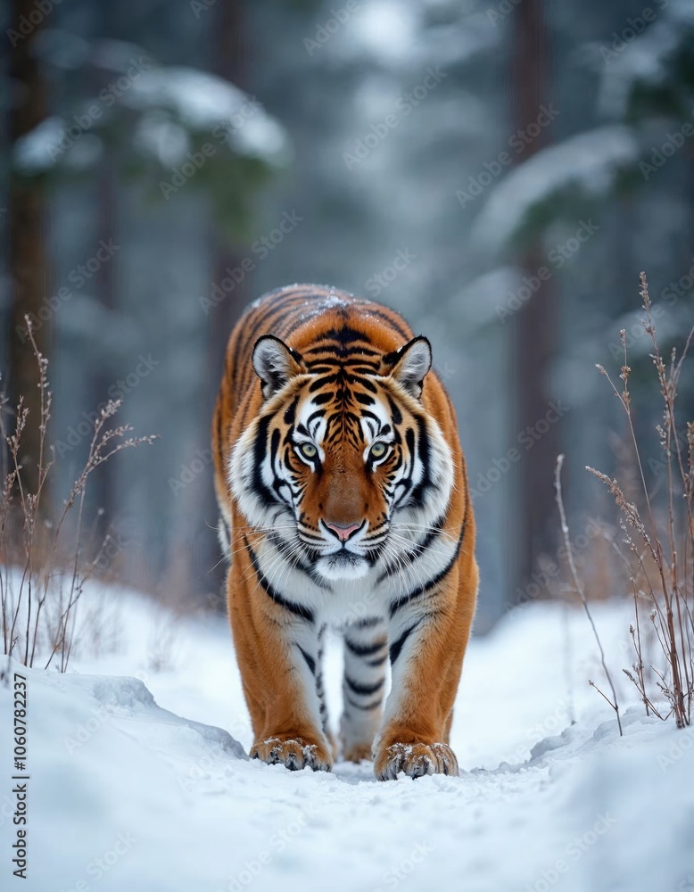 Obraz premium Majestic tiger walking through a snowy forest, showcasing a striking orange coat.