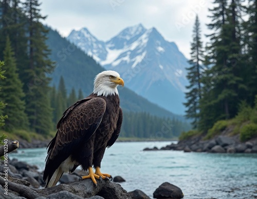 Bald eagle perched by a river surrounded by mountains and evergreen trees.