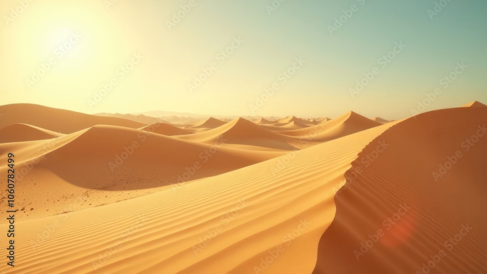 Golden sand dunes under clear sky: serene desert landscape at sunset highlighting natural beauty Golden sand dunes under clear sky: serene desert landscape at sunset highlighting natural beauty
