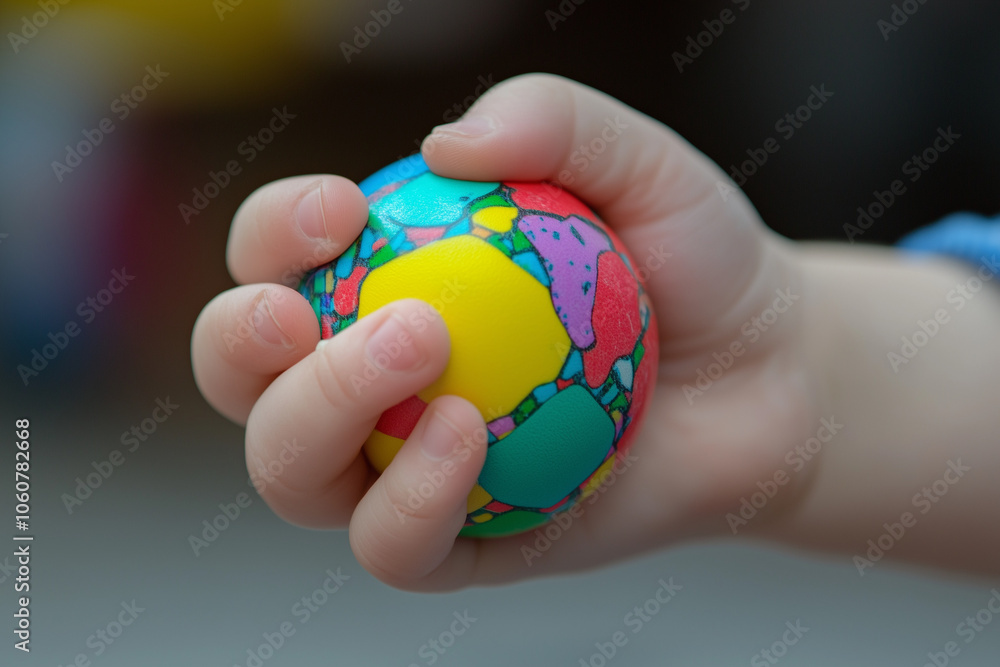 A child’s hand squeezing a colorful stress ball A child’s hand squeezing a colorful stress ball
