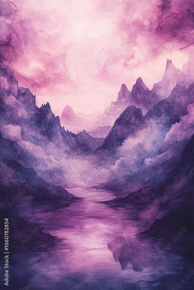 Fototapeta premium Majestic mountains reflect in tranquil waters as vibrant hues create a mystical landscape in nature's serenity