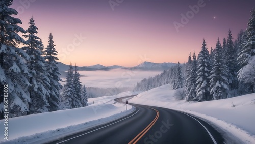 Obraz na płótnie Snowy Road Through Winter Landscape at Dusk w salonie