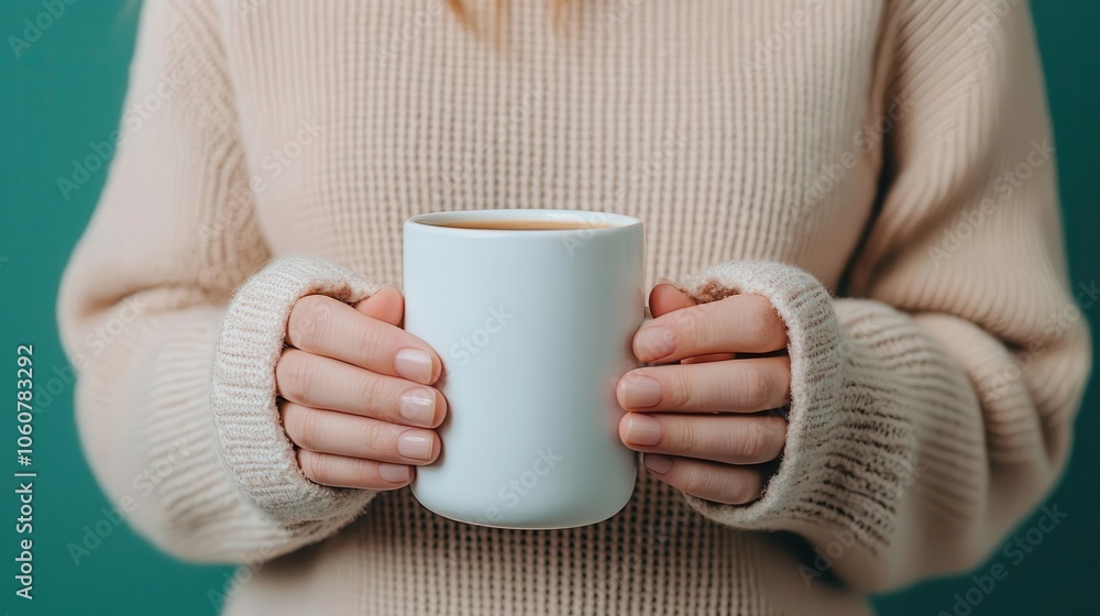 Woman in warm sweater holding cup, looking out window, soft lighting capturing reflective mood, calm perimenopause journey Woman in warm sweater holding cup, looking out window, soft lighting capturing reflective mood, calm perimenopause journey