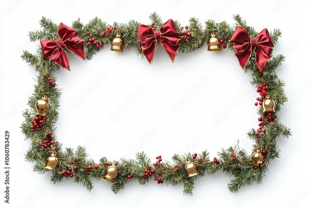 Christmas garland frame featuring a red bow and golden bells on a white background, perfect for festive designs and commercial use. Christmas garland frame featuring a red bow and golden bells on a white background, perfect for festive designs and commercial use.