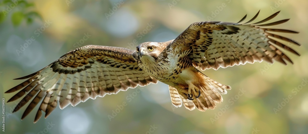 Fototapeta premium Common Buzzard in Flight. Majestic Bird of Prey Soaring Through Nature