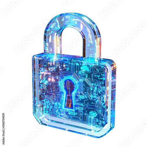 Futuristic digital padlock with illuminated circuit design, isolated on white background. transparent background