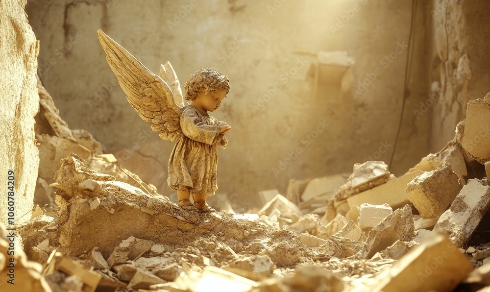 Fototapeta premium Angel figurine stands on rubble in a destroyed room.