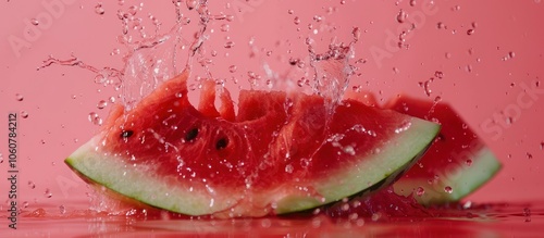 Watermelon slices splashed with water on a pink background. Fresh, juicy summer fruit. Refreshing, hydrating snack.