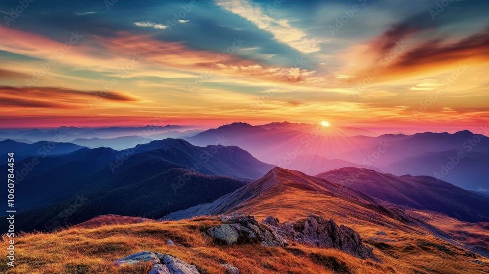 Obraz premium Vibrant Sunrise Over Majestic Mountain Landscape