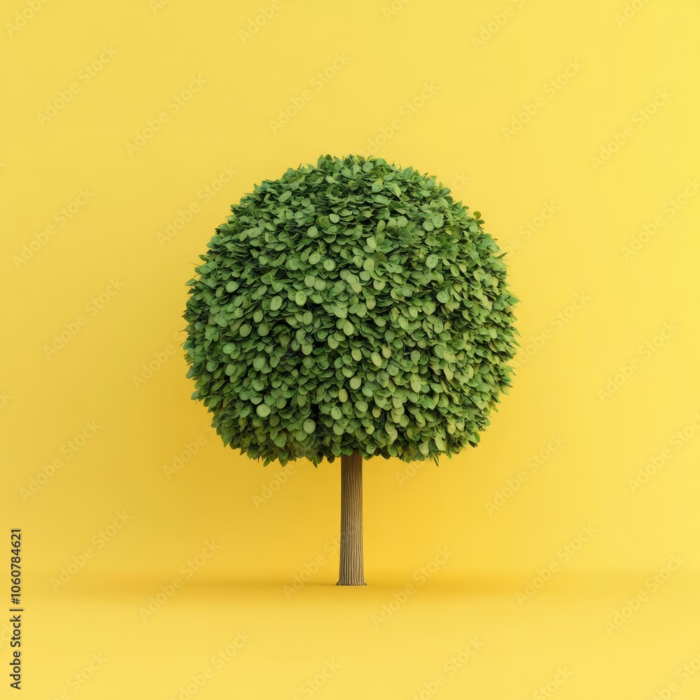 A single, round, green tree with a brown trunk stands in front of a bright yellow background.