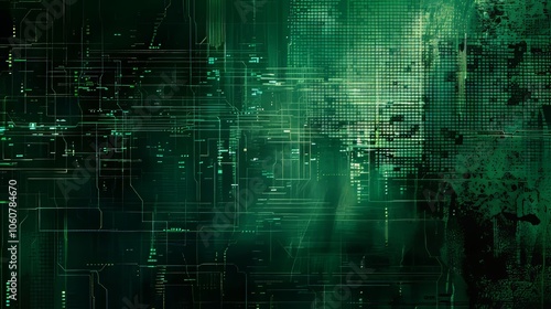 Captivating glitch art with dark green background and intriguing digital distortion effects