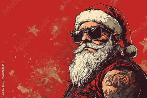 Cool punk rock Santa Claus. Christmas illustration with a place for text.