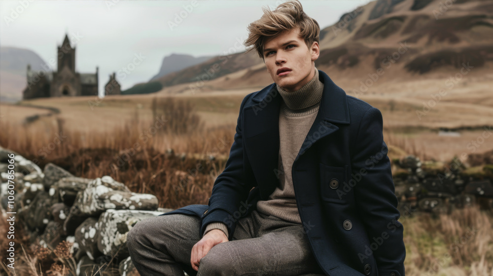 Fototapeta premium A guy in a jacket sits against the background of hills