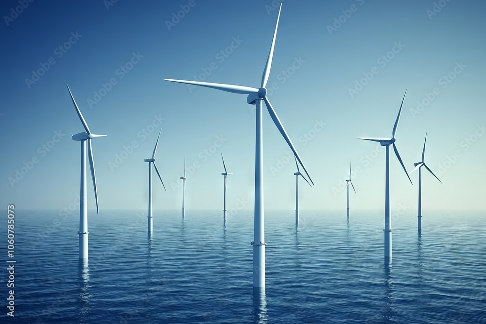 Offshore Wind Turbines Against a Blue Sky: A Clean Energy Vision. AI generated illustration Offshore Wind Turbines Against a Blue Sky: A Clean Energy Vision. AI generated illustration