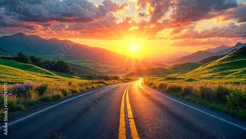 Journey into the Horizon: A Serene Sunset Roadscape