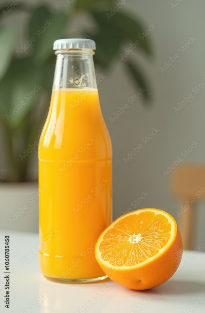 Refreshing orange juice in glass bottle with halved orange on white table Refreshing orange juice in glass bottle with halved orange on white table