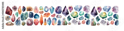 Watercolor minerals and crystals set. Magic rock illustration.