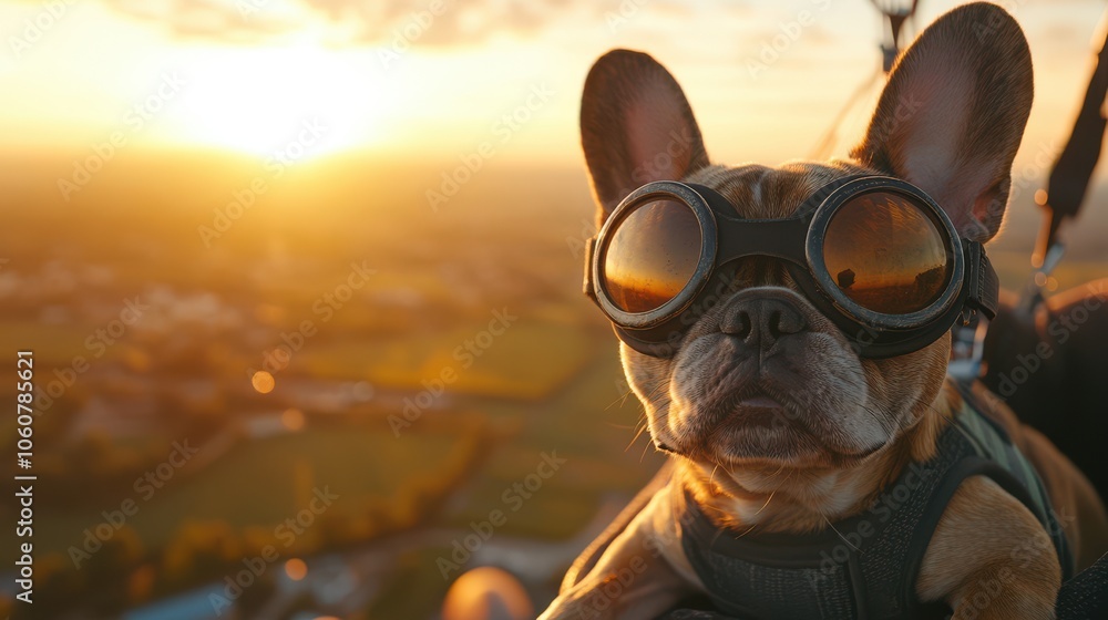 Dog enjoys scenic sunset in goggles Dog enjoys scenic sunset in goggles