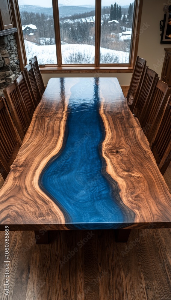 A stunning wooden dining table with a unique blue epoxy river design. A stunning wooden dining table with a unique blue epoxy river design.