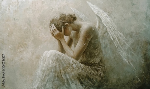 A winged woman sits with her head in her hands.