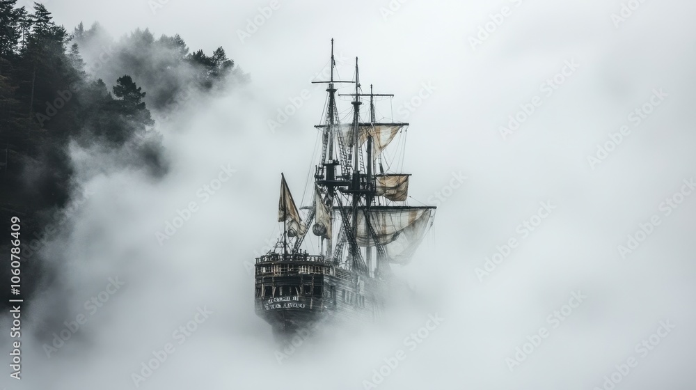 Fototapeta premium Mysterious Tall Ship Sailing Through Misty Forest