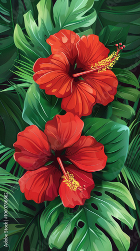 Vibrant Red Hibiscus Flowers with Lush Green Leaves in a Tropical Botanical Setting