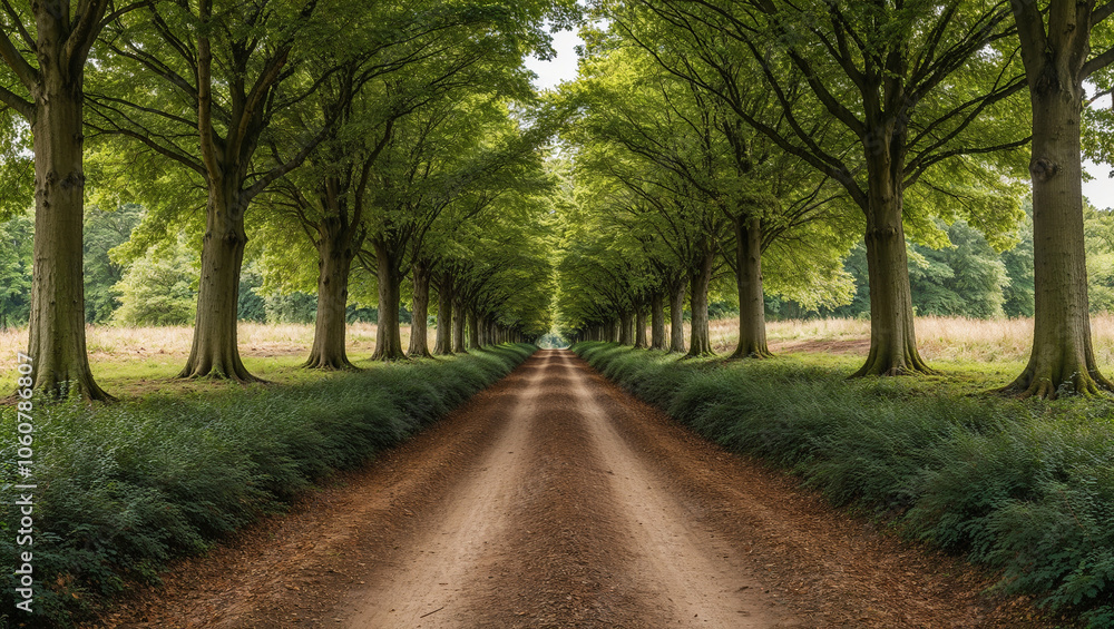 Long dirt road through dense forest offering peaceful solitude Long dirt road through dense forest offering peaceful solitude