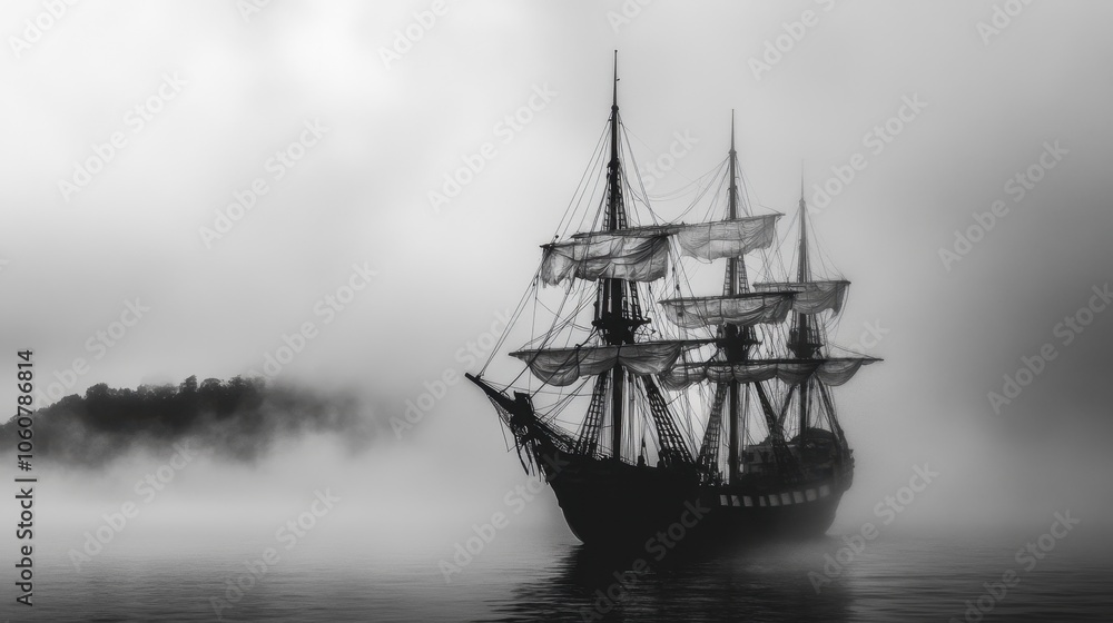 Fototapeta premium Ghostly Tall Ship Sailing Through Misty Waters