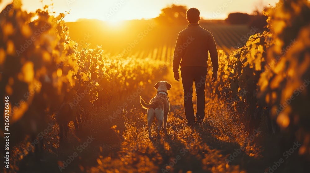 Fototapeta premium Enjoy a sunset walk with your dog in the vineyard