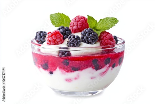 A transparent bowl of creamy yogurt topped with vibrant berries and honey is perfect for healthy dessert inspiration.