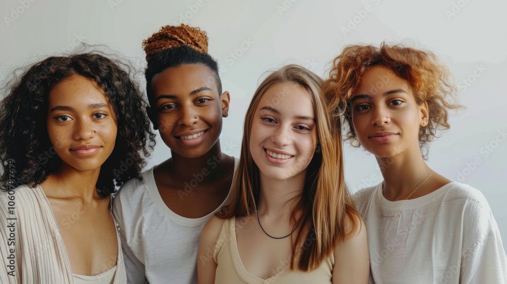 Multiethnic young individuals happily posing against a white backdrop. Multiethnic young individuals happily posing against a white backdrop.