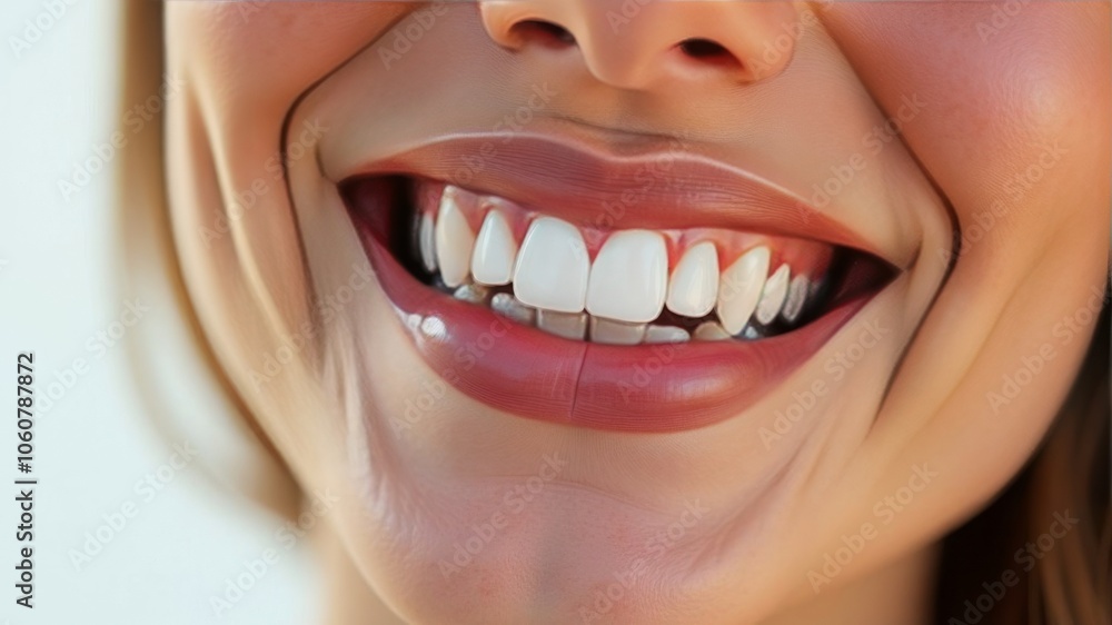 Naklejka premium Laughing woman mouth with beautiful healthy white teeth on a white background. Place for text