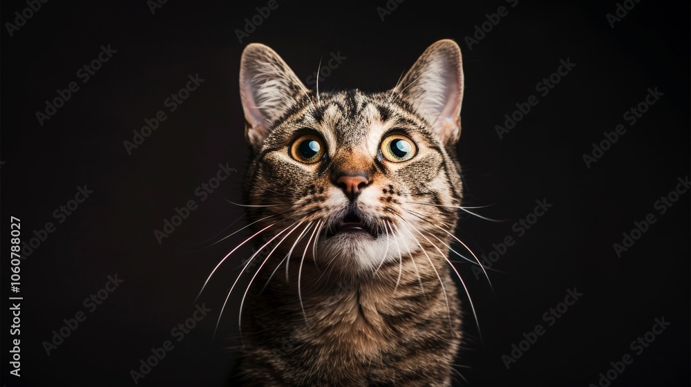 A comical capture of a surprised cat with wide eyes and an open mouth, showcasing feline shock A comical capture of a surprised cat with wide eyes and an open mouth, showcasing feline shock