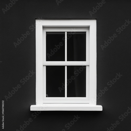 A single white window with four panes on a black wall.