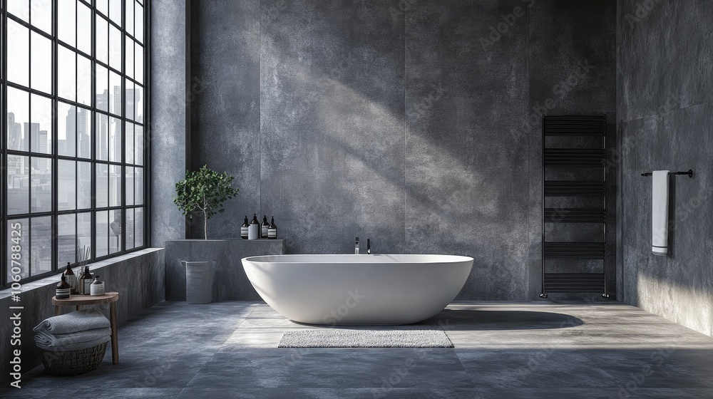 Spacious bathroom in gray tones with heated floors. Spacious bathroom in gray tones with heated floors.
