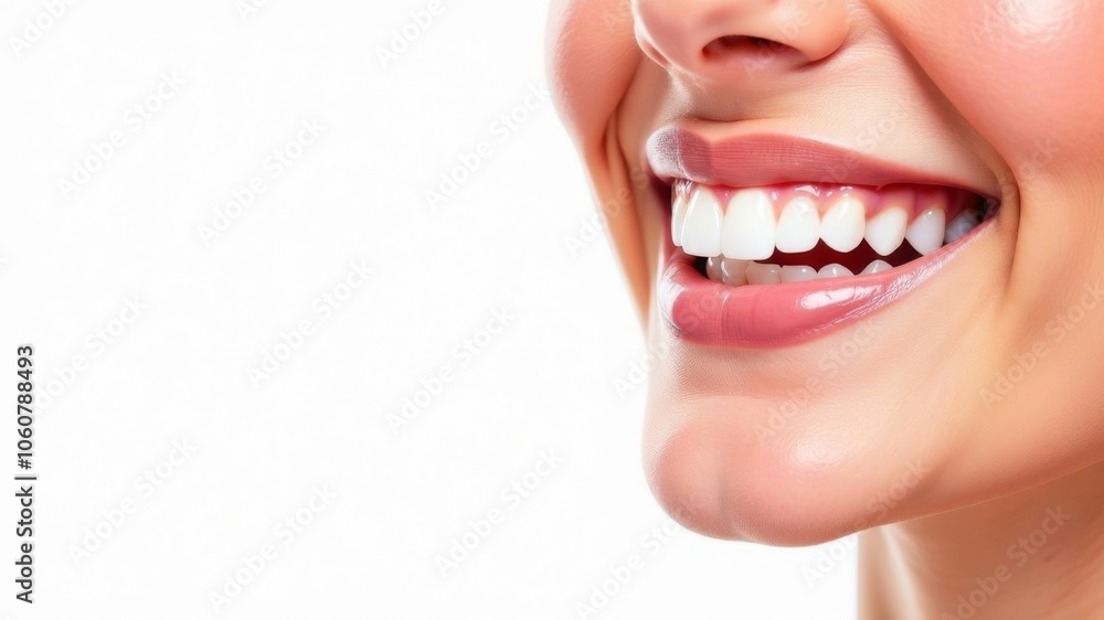 Obraz premium Laughing woman mouth with beautiful healthy white teeth on a white background. Place for text