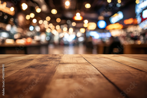 Wooden table top with blurred lights.