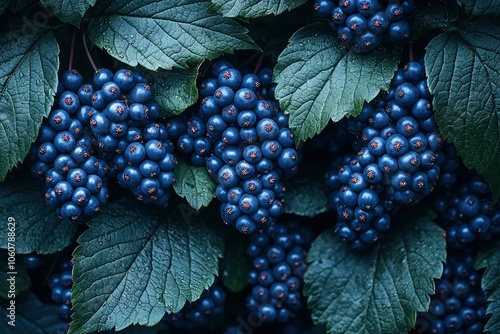 Close-Up of Dark Blue Berries and Lush Green Leaves photo