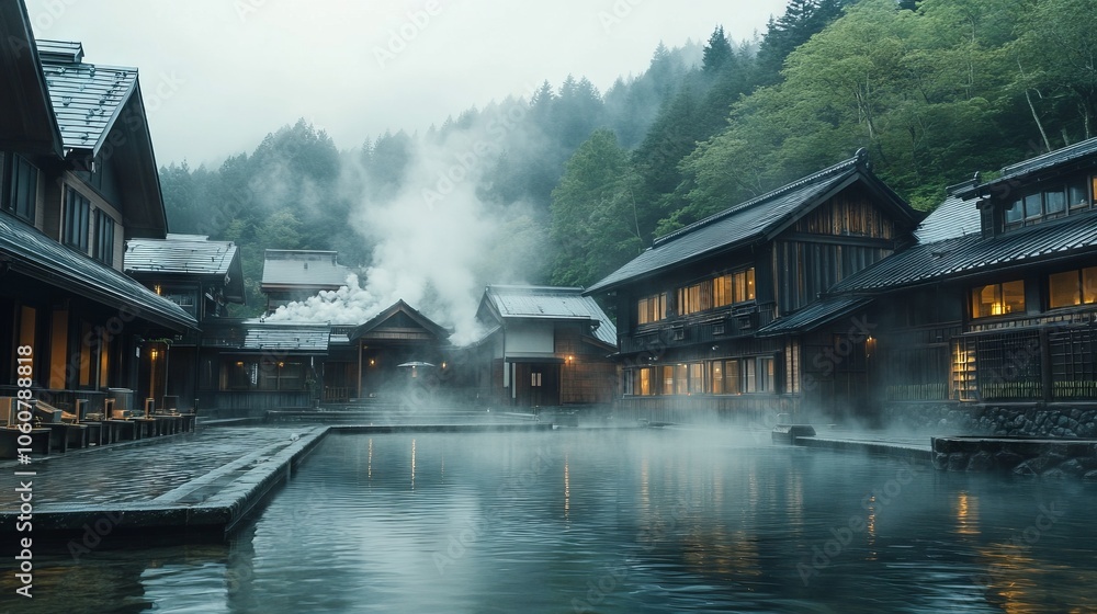 Fototapeta premium Serene Traditional Japanese Hot Spring Resort in the Forest. AI generated illustration
